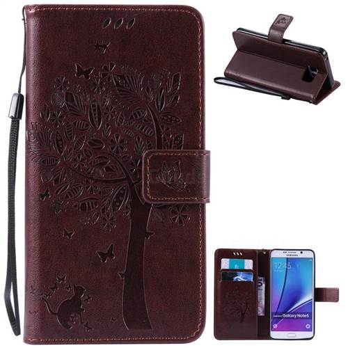Embossing Butterfly Tree Leather Wallet Case for Samsung Galaxy Note 5 N920 - Coffee