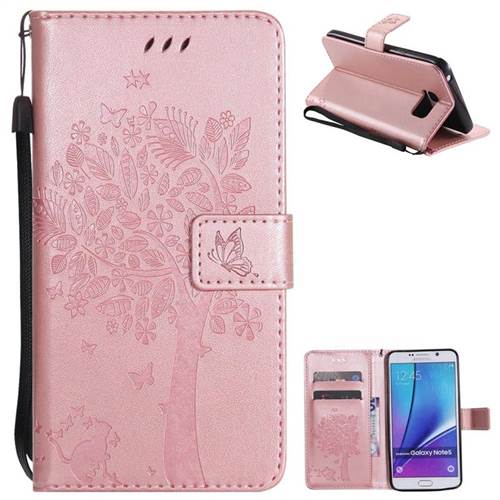 Embossing Butterfly Tree Leather Wallet Case for Samsung Galaxy Note 5 - Rose Pink