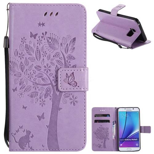 Embossing Butterfly Tree Leather Wallet Case for Samsung Galaxy Note 5 - Violet
