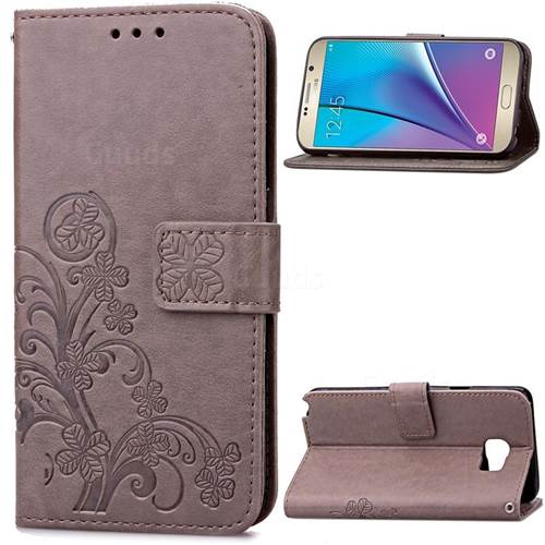 Embossing Imprint Four-Leaf Clover Leather Wallet Case for Samsung Galaxy Note 5 - Gray