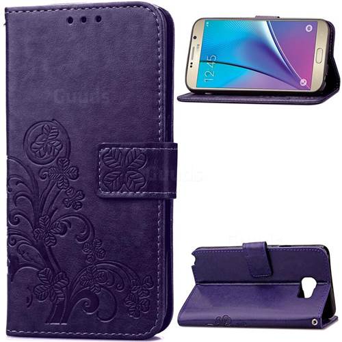 Embossing Imprint Four-Leaf Clover Leather Wallet Case for Samsung Galaxy Note 5 - Purple