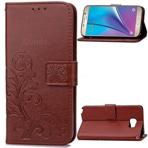 Embossing Imprint Four-Leaf Clover Leather Wallet Case for Samsung Galaxy Note 5 - Brown