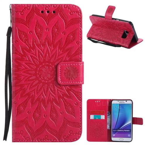 Embossing Sunflower Leather Wallet Case for Samsung Galaxy Note 5 - Red