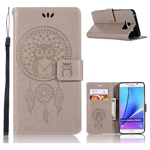 Intricate Embossing Owl Campanula Leather Wallet Case for Samsung Galaxy Note 5 - Grey