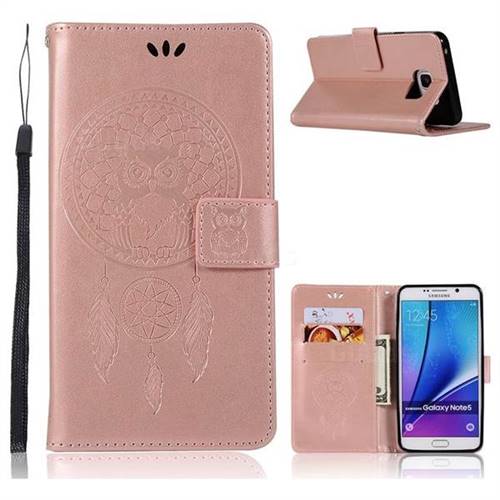 Intricate Embossing Owl Campanula Leather Wallet Case for Samsung Galaxy Note 5 - Rose Gold