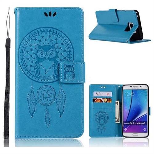 Intricate Embossing Owl Campanula Leather Wallet Case for Samsung Galaxy Note 5 - Blue