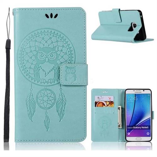 Intricate Embossing Owl Campanula Leather Wallet Case for Samsung Galaxy Note 5 - Green