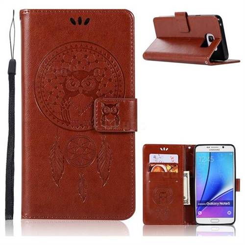 Intricate Embossing Owl Campanula Leather Wallet Case for Samsung Galaxy Note 5 - Brown