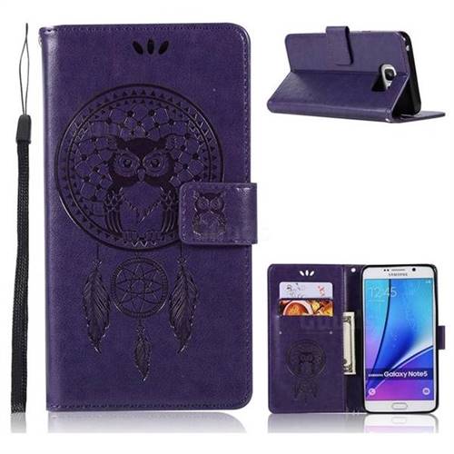 Intricate Embossing Owl Campanula Leather Wallet Case for Samsung Galaxy Note 5 - Purple