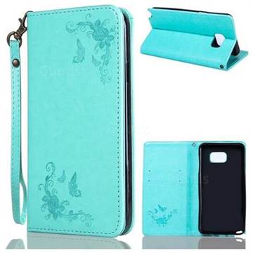 Intricate Embossing Slim Butterfly Rose Leather Holster Case for Samsung Galaxy Note 5 - Mint Green