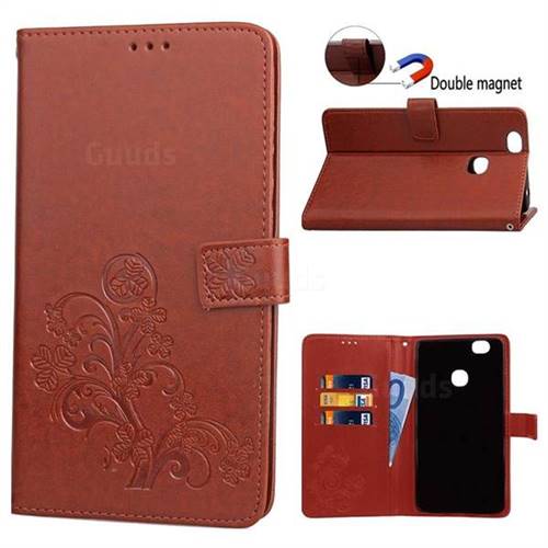 Embossing Imprint Four-Leaf Clover Leather Wallet Case for Samsung Galaxy Note 8 - Brown