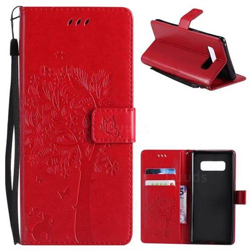 Embossing Butterfly Tree Leather Wallet Case for Samsung Galaxy Note 8 - Red