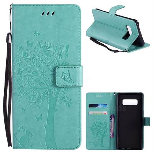 Embossing Butterfly Tree Leather Wallet Case for Samsung Galaxy Note 8 - Cyan
