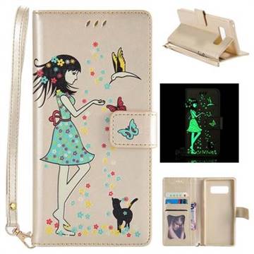 Luminous Flower Girl Cat Leather Wallet Case for Samsung Galaxy Note 8 - Champagne