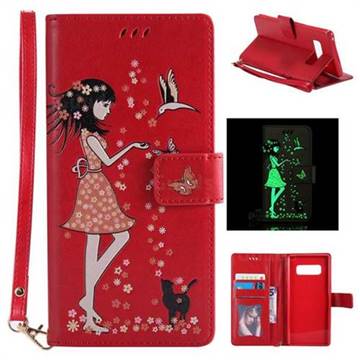 Luminous Flower Girl Cat Leather Wallet Case for Samsung Galaxy Note 8 - Red