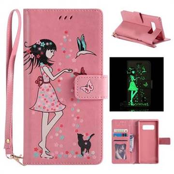 Luminous Flower Girl Cat Leather Wallet Case for Samsung Galaxy Note 8 - Hot Pink