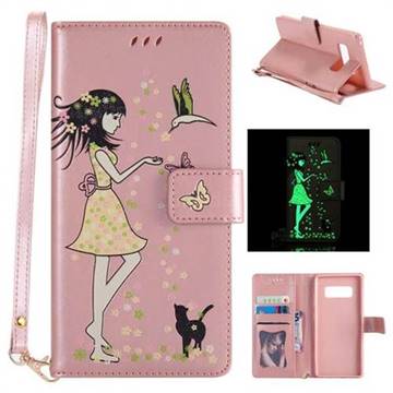 Luminous Flower Girl Cat Leather Wallet Case for Samsung Galaxy Note 8 - Light Pink