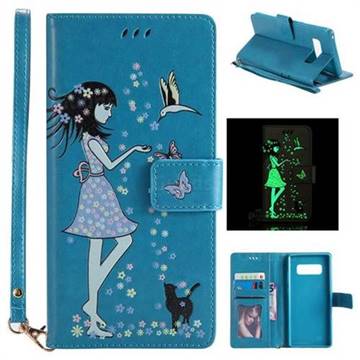 Luminous Flower Girl Cat Leather Wallet Case for Samsung Galaxy Note 8 - Blue