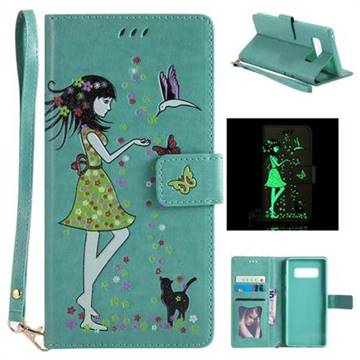 Luminous Flower Girl Cat Leather Wallet Case for Samsung Galaxy Note 8 - Green