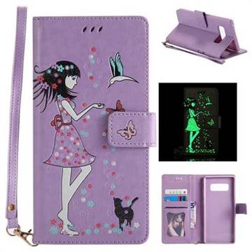 Luminous Flower Girl Cat Leather Wallet Case for Samsung Galaxy Note 8 - Purple