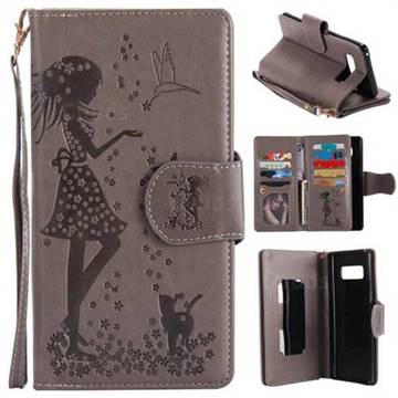 Embossing Cat Girl 9 Card Leather Wallet Case for Samsung Galaxy Note 8 - Gray