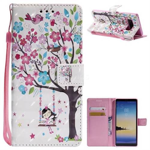 Flower Tree Swing Girl 3D Painted Leather Wallet Case for Samsung Galaxy Note 8