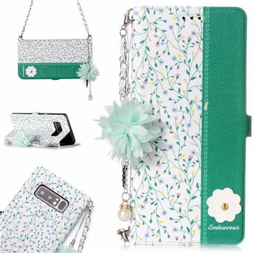 Magnolia Endeavour Florid Pearl Flower Pendant Metal Strap PU Leather Wallet Case for Samsung Galaxy Note 8