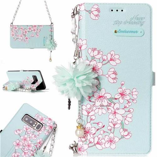 Cherry Blossoms Endeavour Florid Pearl Flower Pendant Metal Strap PU Leather Wallet Case for Samsung Galaxy Note 8