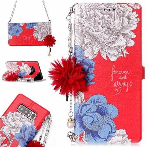 Red Chrysanthemum Endeavour Florid Pearl Flower Pendant Metal Strap PU Leather Wallet Case for Samsung Galaxy Note 8