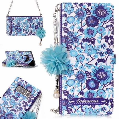 Blue-and-White Endeavour Florid Pearl Flower Pendant Metal Strap PU Leather Wallet Case for Samsung Galaxy Note 8
