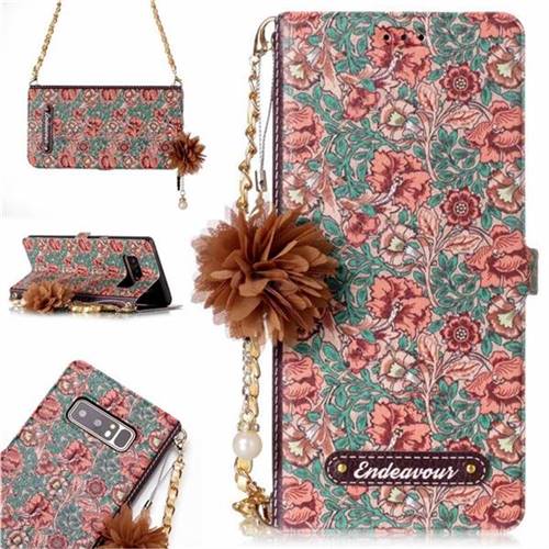 Impatiens Endeavour Florid Pearl Flower Pendant Metal Strap PU Leather Wallet Case for Samsung Galaxy Note 8
