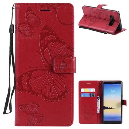 Embossing 3D Butterfly Leather Wallet Case for Samsung Galaxy Note 8 - Red