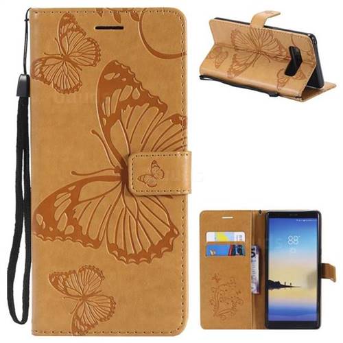 Embossing 3D Butterfly Leather Wallet Case for Samsung Galaxy Note 8 - Yellow