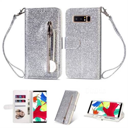 Glitter Shine Leather Zipper Wallet Phone Case for Samsung Galaxy Note 8 - Silver