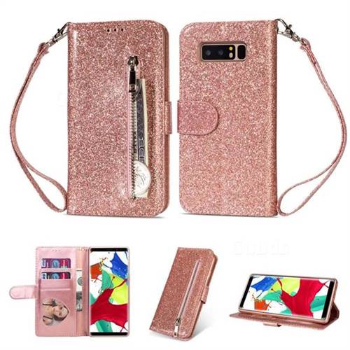 Glitter Shine Leather Zipper Wallet Phone Case for Samsung Galaxy Note 8 - Pink