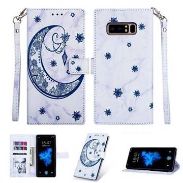 Moon Flower Marble Leather Wallet Phone Case for Samsung Galaxy Note 8 - Blue