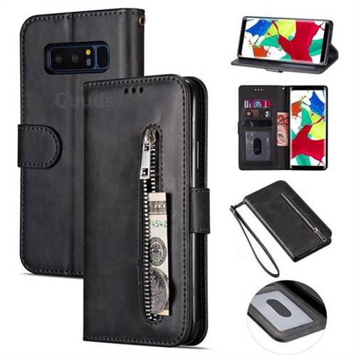 Retro Calfskin Zipper Leather Wallet Case Cover for Samsung Galaxy Note 8 - Black