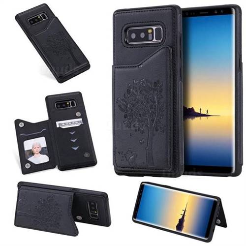 Luxury Tree and Cat Multifunction Magnetic Card Slots Stand Leather Phone Back Cover for Samsung Galaxy Note 8 - Black