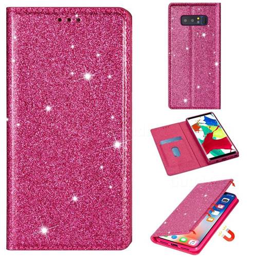 Ultra Slim Glitter Powder Magnetic Automatic Suction Leather Wallet Case for Samsung Galaxy Note 8 - Rose Red
