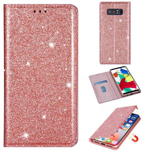 Ultra Slim Glitter Powder Magnetic Automatic Suction Leather Wallet Case for Samsung Galaxy Note 8 - Rose Gold