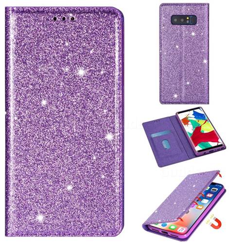 Ultra Slim Glitter Powder Magnetic Automatic Suction Leather Wallet Case for Samsung Galaxy Note 8 - Purple