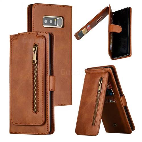Multifunction 9 Cards Leather Zipper Wallet Phone Case for Samsung Galaxy Note 8 - Brown
