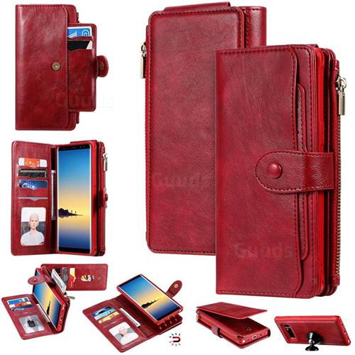 Retro Multifunction Zipper Magnetic Separable Leather Phone Case Cover for Samsung Galaxy Note 8 - Red