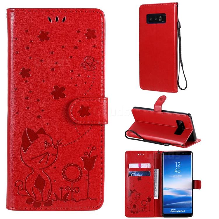 Embossing Bee and Cat Leather Wallet Case for Samsung Galaxy Note 8 - Red