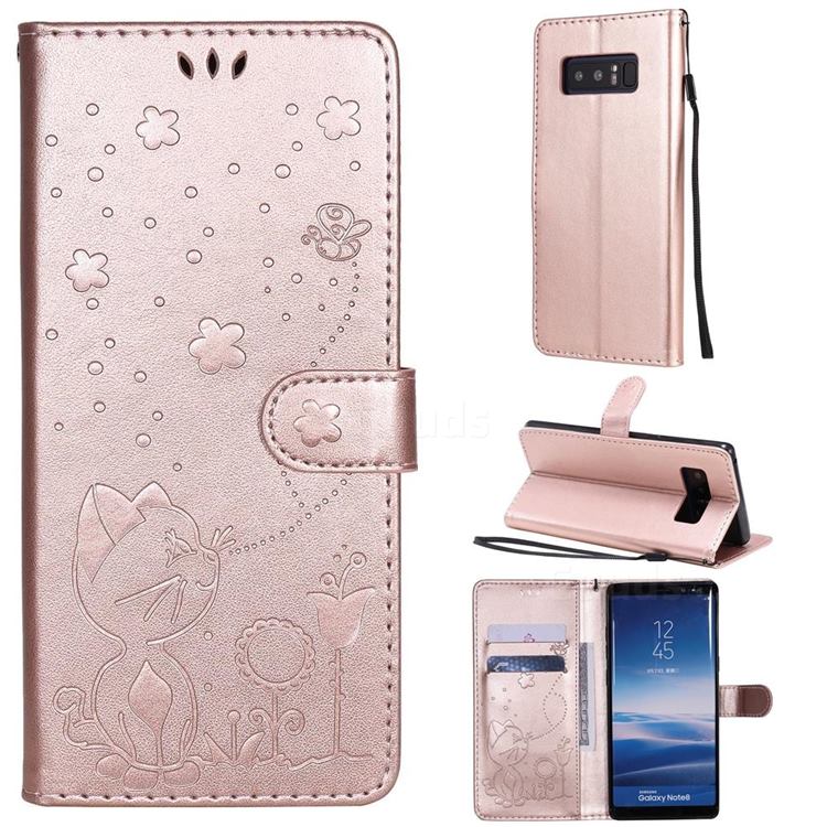 Embossing Bee and Cat Leather Wallet Case for Samsung Galaxy Note 8 - Rose Gold