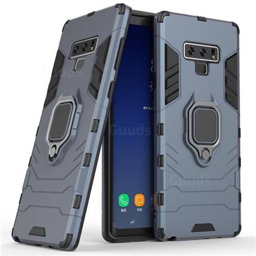 Black Panther Armor Metal Ring Grip Shockproof Dual Layer Rugged Hard Cover for Samsung Galaxy Note9 - Blue