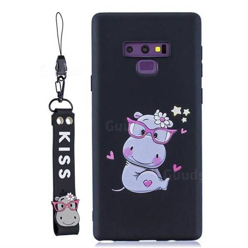Black Flower Hippo Soft Kiss Candy Hand Strap Silicone Case for Samsung Galaxy Note9