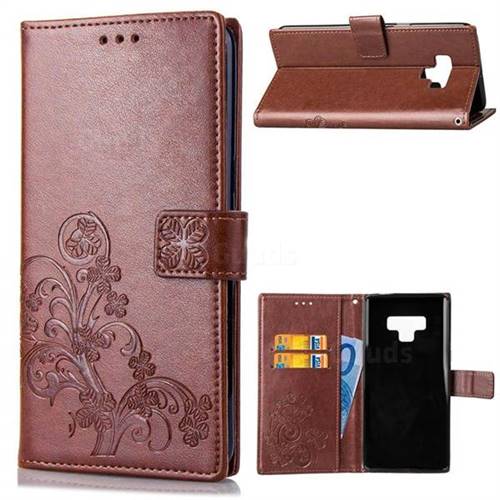 Embossing Imprint Four-Leaf Clover Leather Wallet Case for Samsung Galaxy Note9 - Brown
