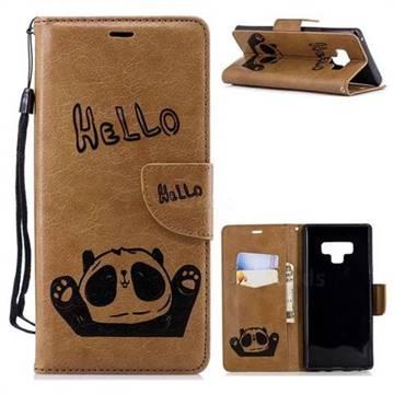 Embossing Hello Panda Leather Wallet Phone Case for Samsung Galaxy Note9 - Brown