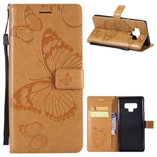 Embossing 3D Butterfly Leather Wallet Case for Samsung Galaxy Note9 - Yellow